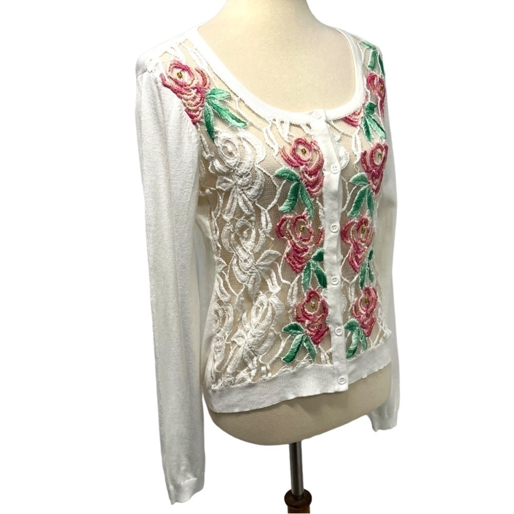 Agua Bendita White Embroidered Floral Lace Button Front Cardigan Sweater Large - Picture 8 of 14